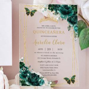 Quinceañera Emerald Green Floral Gold Butterflies Acrylic