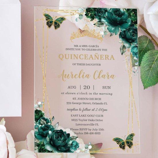 Quinceañera Emerald Green Floral Gold Butterflies Acrylic
