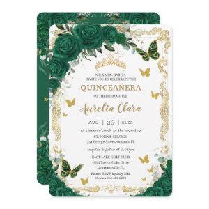 Quinceañera Emerald Green Floral Gold Butterflies