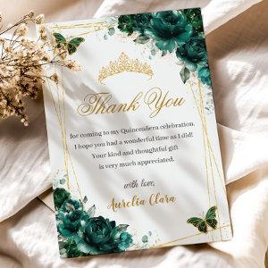 Quinceañera Emerald Green Floral Gold Butterflies Thank You Card