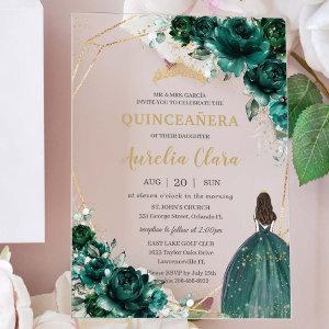 Quinceañera Emerald Green Floral Gold Princess Acrylic