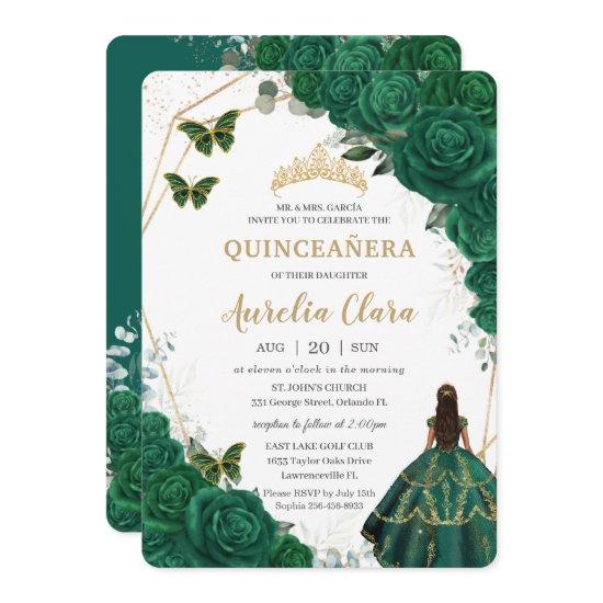 Quinceañera Emerald Green Floral Gold Princess