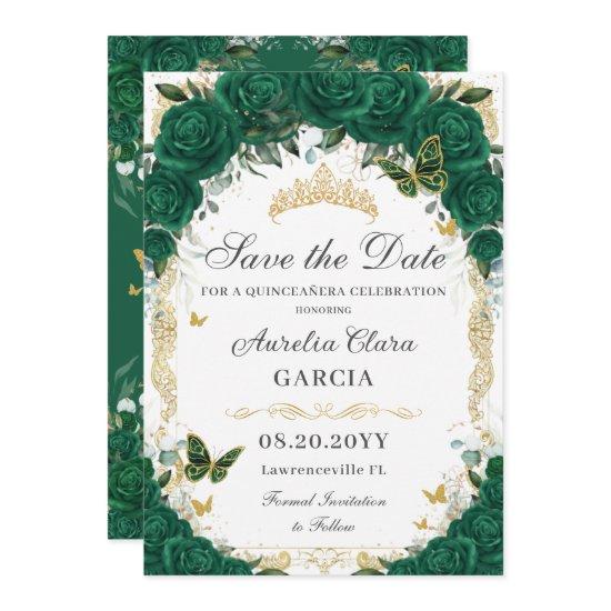Quinceañera Emerald Green Floral Gold Princess Save The Date