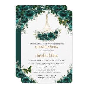 Quinceañera Emerald Green Floral Paris Butterflies