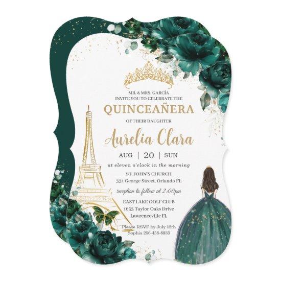 Quinceañera Emerald Green Floral Paris Gold Crown
