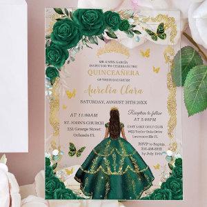 Quinceañera Emerald Green Floral Princess Gold Acrylic