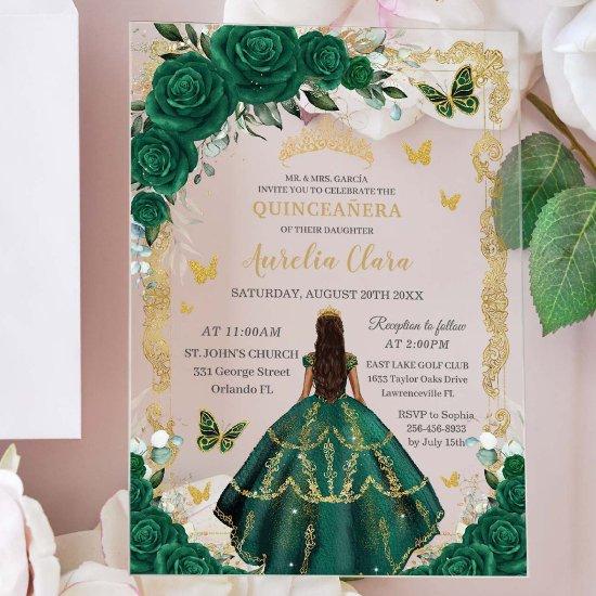 Quinceañera Emerald Green Floral Princess Gold Acrylic