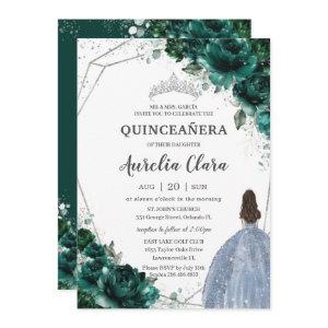 Quinceañera Emerald Green Floral Silver Blue Dress