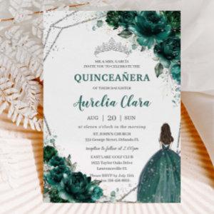 Quinceañera Emerald Green Floral Silver Princess