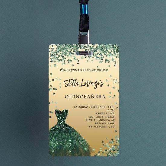 Quinceanera emerald green gold dress  badge