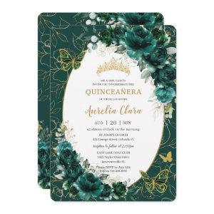 Quinceañera Emerald Green Gold Floral Butterflies