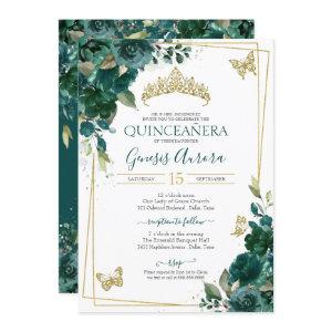 Quinceañera Emerald Green Gold Floral Butterfly