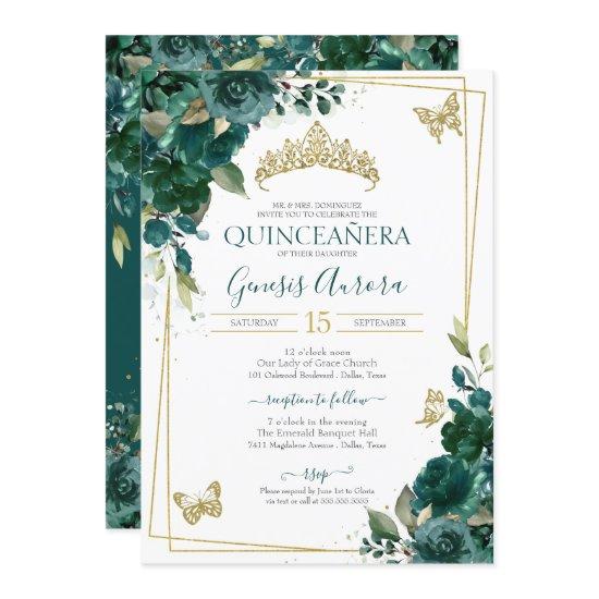 Quinceañera Emerald Green Gold Floral Butterfly