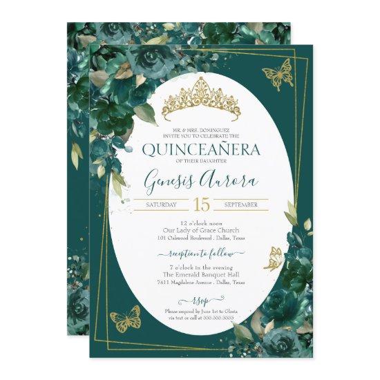 Quinceañera Emerald Green & Gold Floral Butterfly