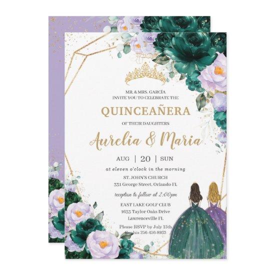Quinceañera Emerald Green Lilac Floral Roses Twins