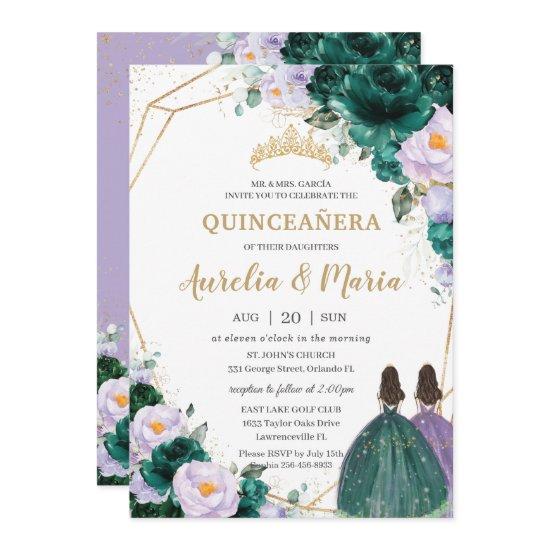 Quinceañera Emerald Green Lilac Floral Roses Twins