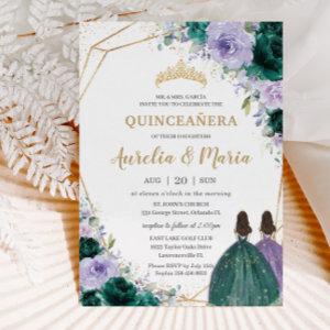 Quinceañera Emerald Green Lilac Floral Twins