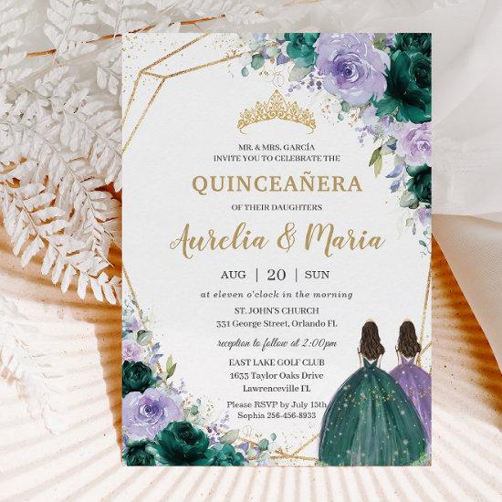 Quinceañera Emerald Green Lilac Floral Twins