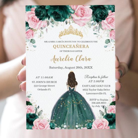 Quinceañera Emerald Green Pink Floral Princess