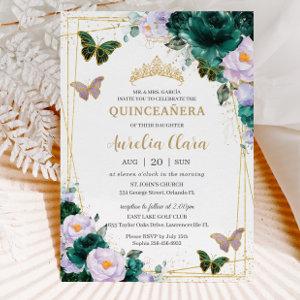 Quinceañera Emerald Green Purple Floral Butterfly