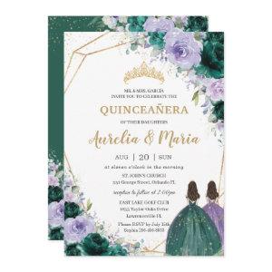 Quinceañera Emerald Green Purple Floral Twins