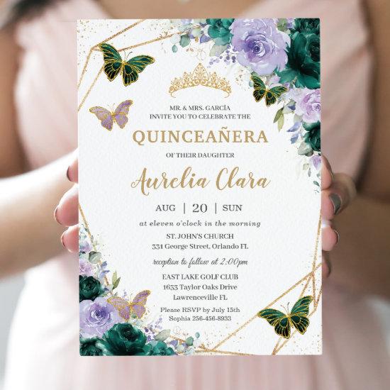 Quinceañera Emerald Green Purple Lilac Floral