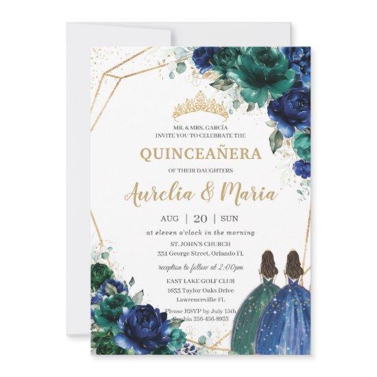 Quinceañera Emerald Green Royal Blue Floral Twins
