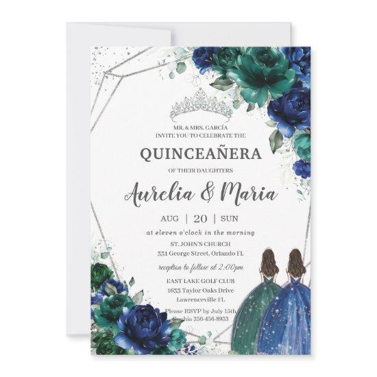 Quinceañera Emerald Green Royal Blue Floral Twins