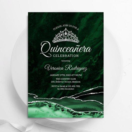 Quinceanera Emerald Green Silver Agate Marble