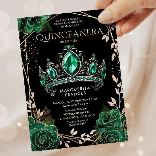 Quinceañera Emerald Green Tiara Floral Spanish