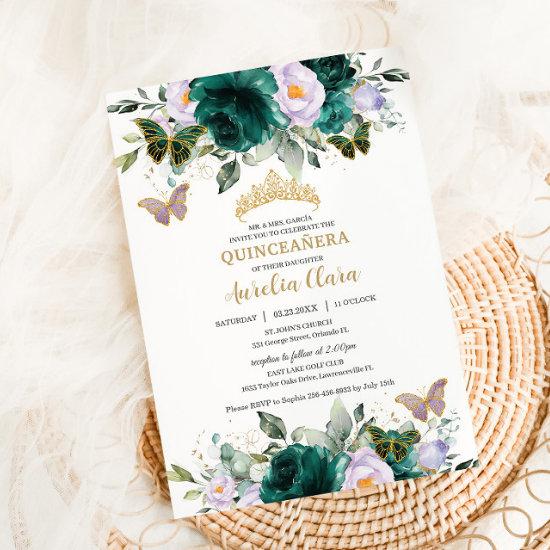 Quinceañera Emerald Purple Floral Gold Butterflies