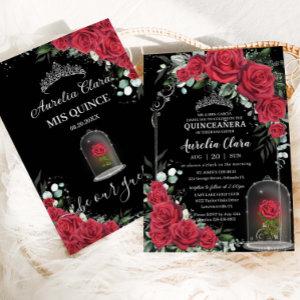 Quinceañera Enchanted Red Rose Floral Black Silver