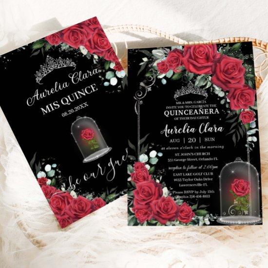 Quinceañera Enchanted Red Rose Floral Black Silver