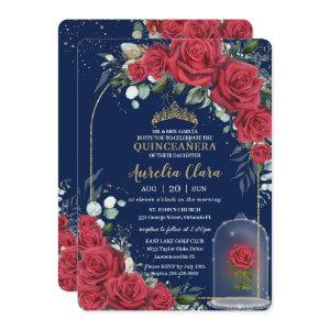 Quinceañera Enchanted Red Rose Floral Navy Blue
