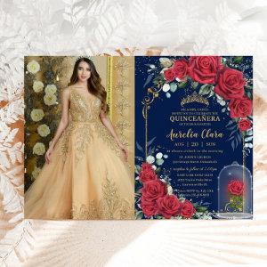 Quinceañera Enchanted Red Rose Floral Navy Blue