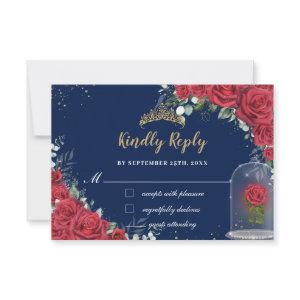 Quinceañera Enchanted Red Rose Floral Navy Blue RSVP Card