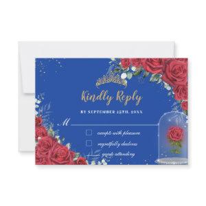 Quinceañera Enchanted Red Rose Floral Royal Blue RSVP Card