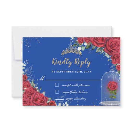 Quinceañera Enchanted Red Rose Floral Royal Blue RSVP Card