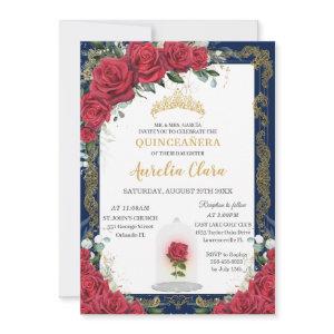Quinceañera Enchanted Red Rose Navy Blue Gold