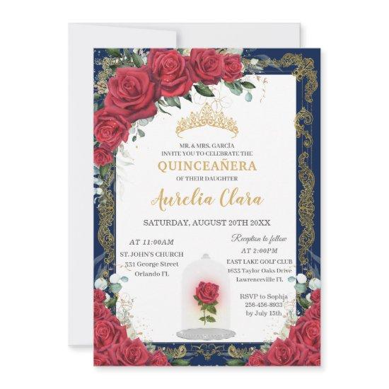 Quinceañera Enchanted Red Rose Navy Blue Gold