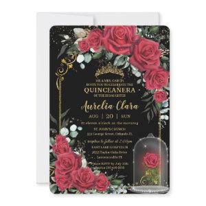 Quinceañera Enchanted Red Roses Floral Black Gold