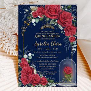 Quinceañera Enchanted Red Roses Floral Navy Blue