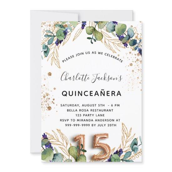Quinceanera eucalyptus greenery glitter elegant