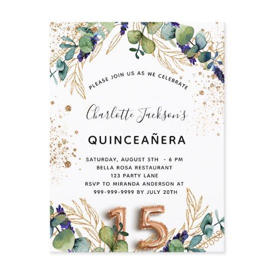 Quinceanera eucalyptus greenery glitter elegant  postcard