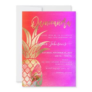 Quinceanera, Faux Gold Watercolor Pineapple Save The Date