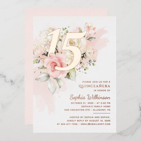 Quinceanera Floral 15th Birthday Rose Gold Foil