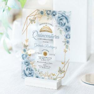 Quinceanera Floral Baby Blue Gold Acrylic