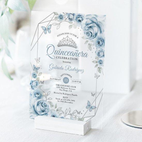 Quinceanera Floral Baby Blue Silver Acrylic