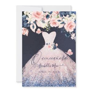 Quinceanera Floral Blush Glitter Gown Blue Navy