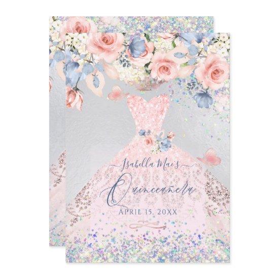 Quinceanera Floral Blush Pink Glitter Gown